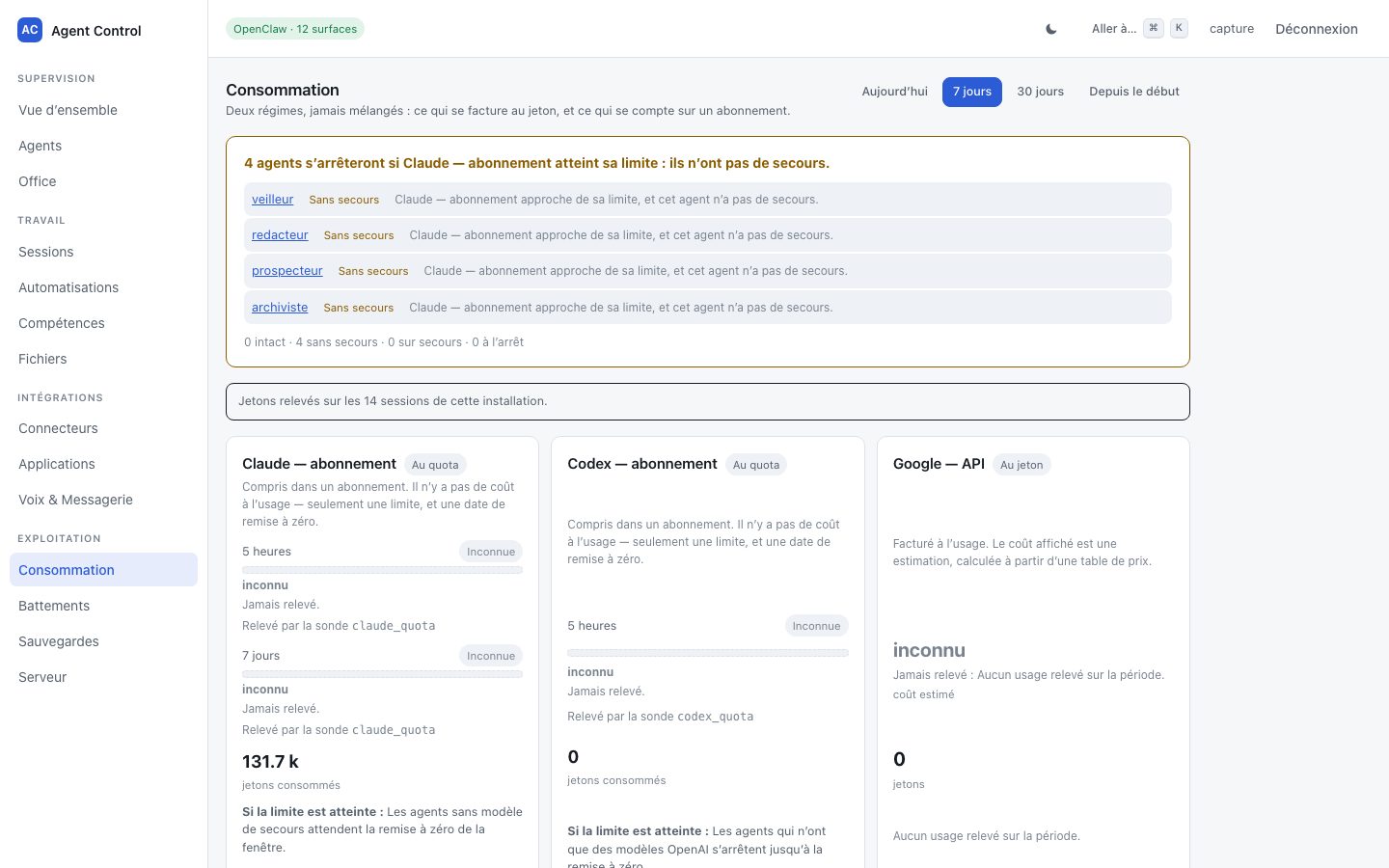 Écran « Consommation » de Agent Control, capturé tel quel