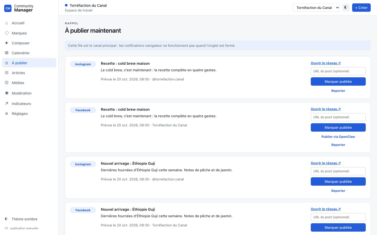 Écran « À publier maintenant » de Community Manager, capturé tel quel