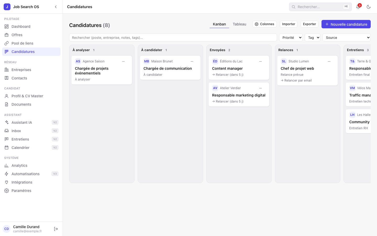 Écran « Candidatures » de Job Search OS, capturé tel quel