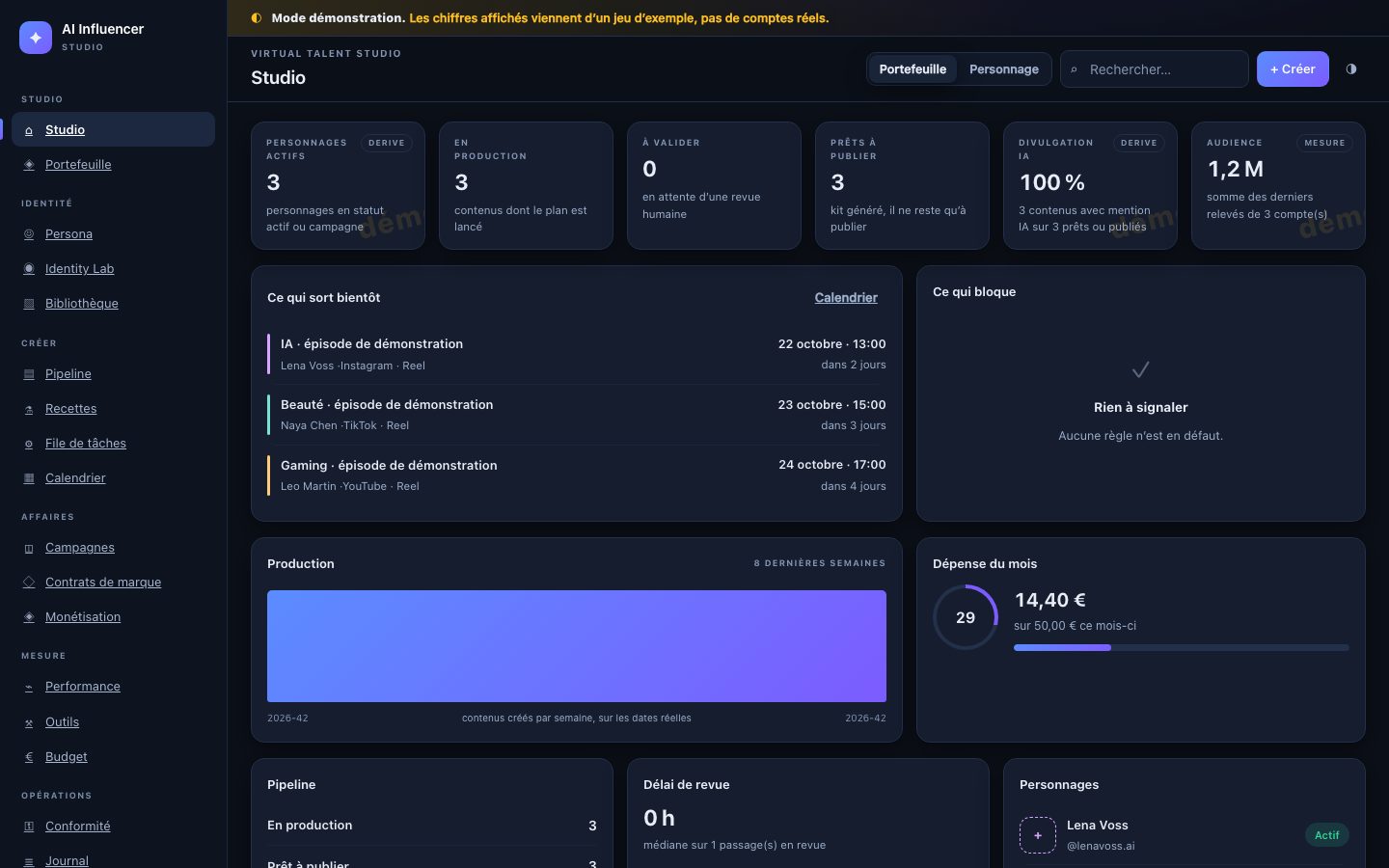 Écran « Studio » de AI Influencer Studio, capturé tel quel